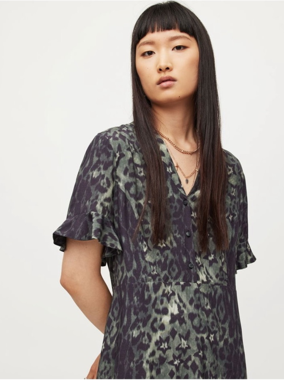 AllSaints Green Leopard-Print V-Neck Tunic